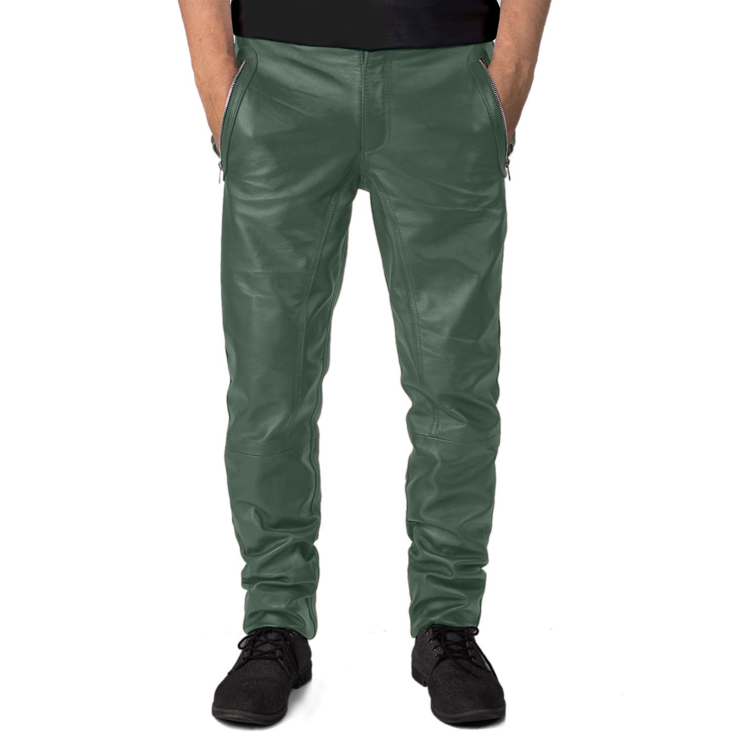 Green@Veyron-Mens-Green-Slim-Fit-Leather-Pants