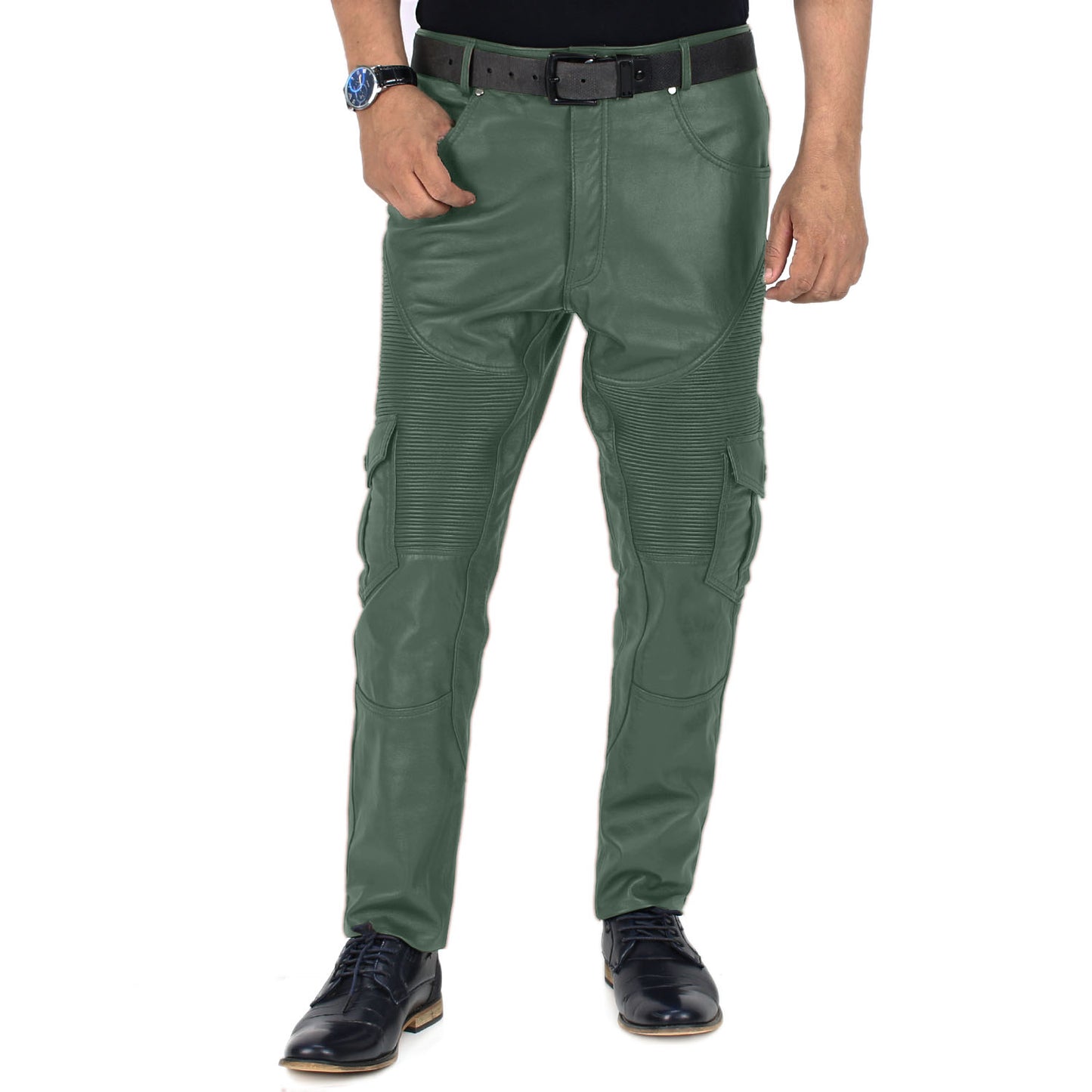 Green@Ylira-Mens-Green-Leather-Cargo-Pants