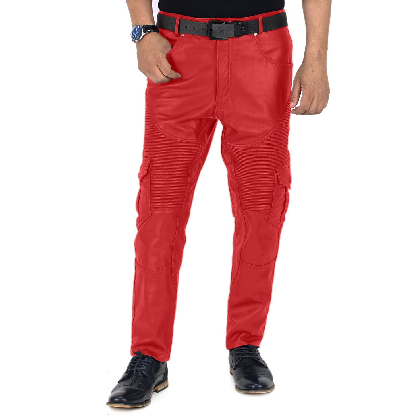 Red@Ylira-Mens-Red-Leather-Cargo-Pants