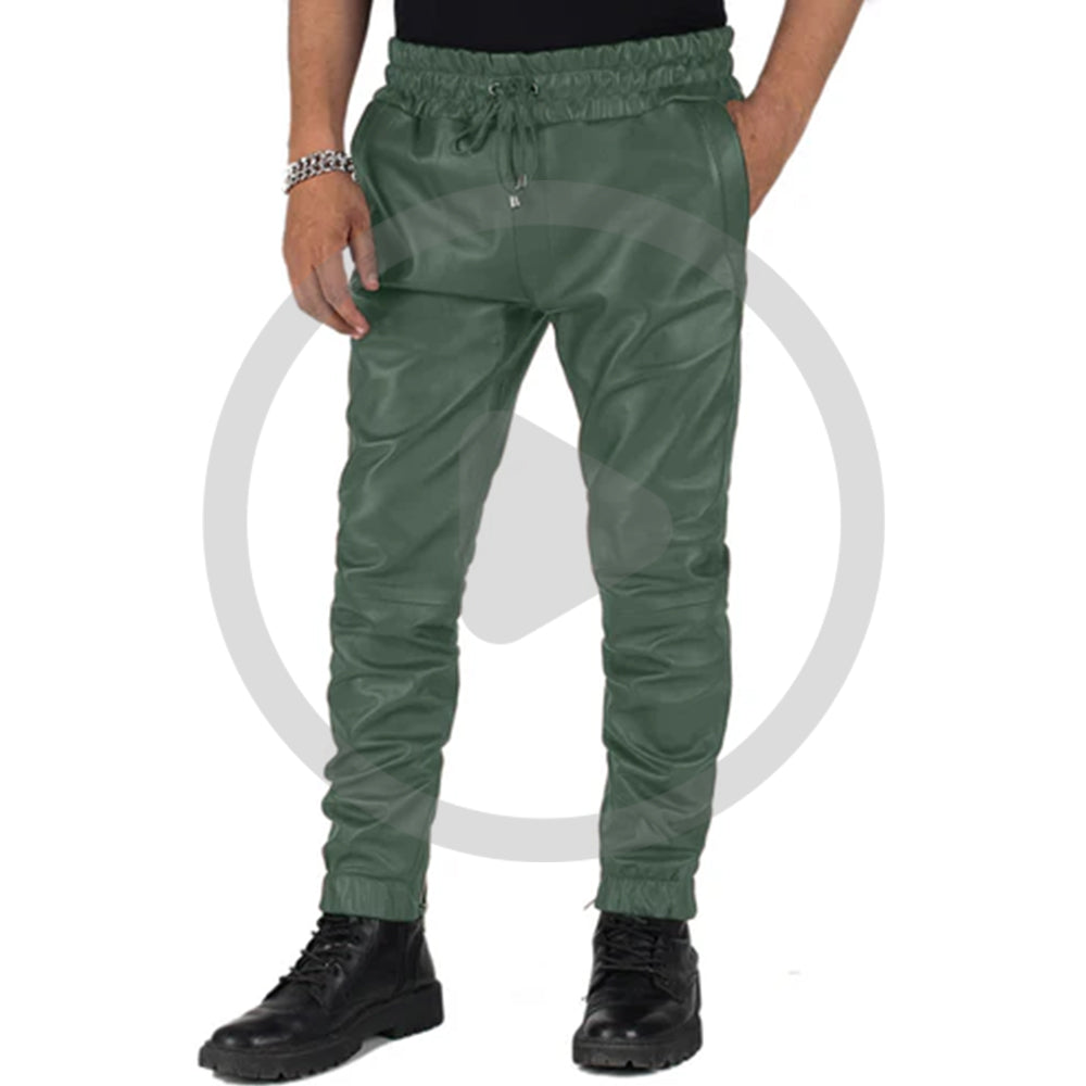Green@Aethor-Mens-Green-Leather-Jogger-Pants-Video