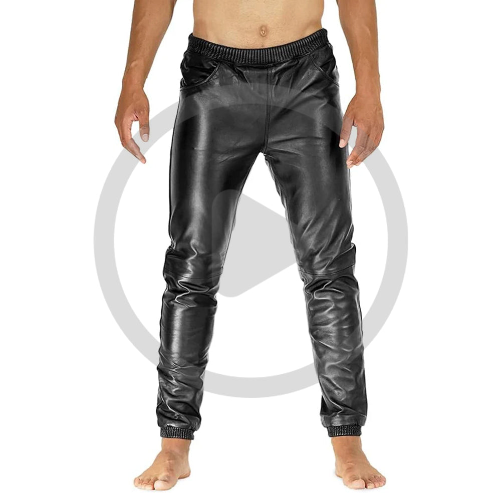 Black@Delara-Mens-Black-Leather-Jogger-Pants-Video