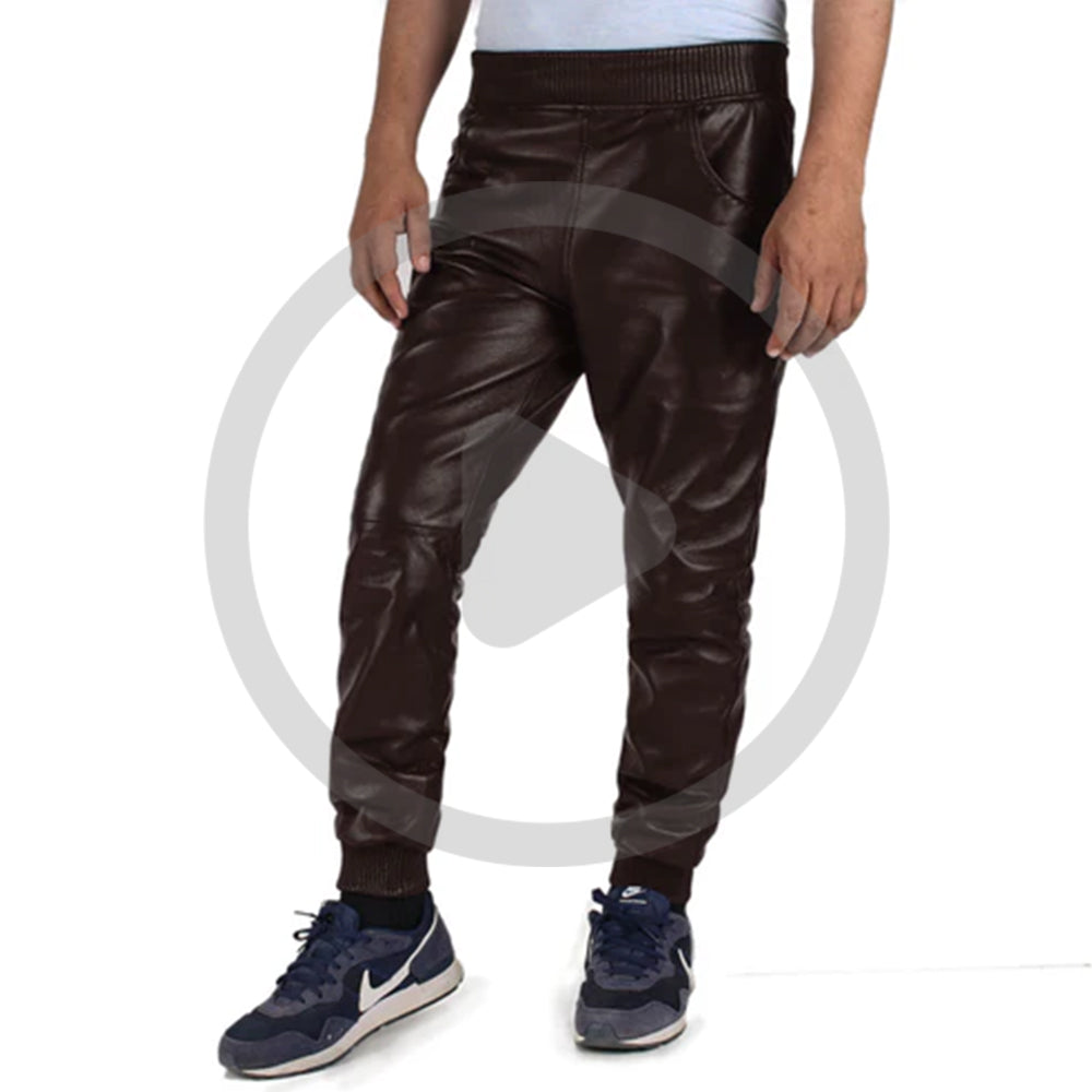 Brown@Delara-Mens-Brown-Leather-Jogger-Pants-Video