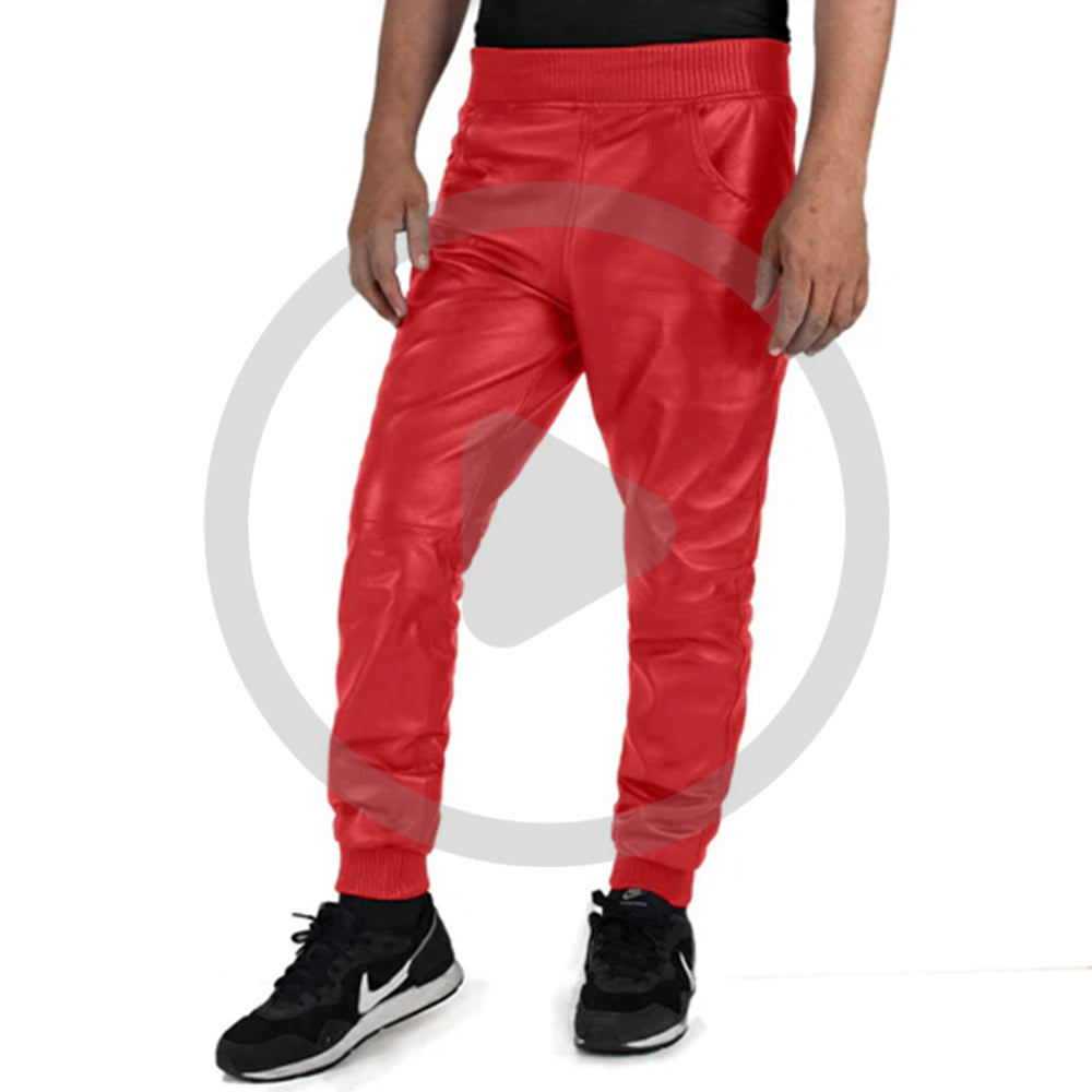 Red@Delara-Mens-Red-Leather-Jogger-Pants-Video