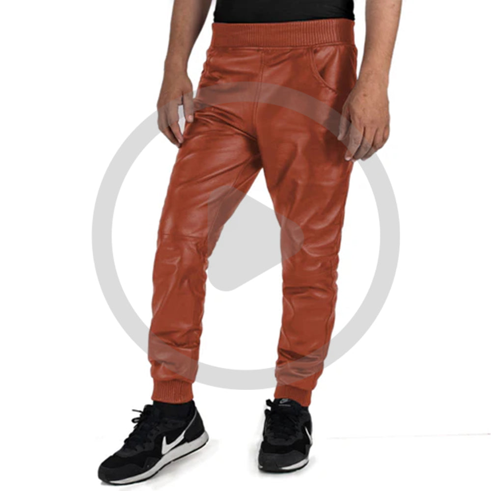 TAN@Delara-Mens-Tan-Leather-Jogger-Pants-Video