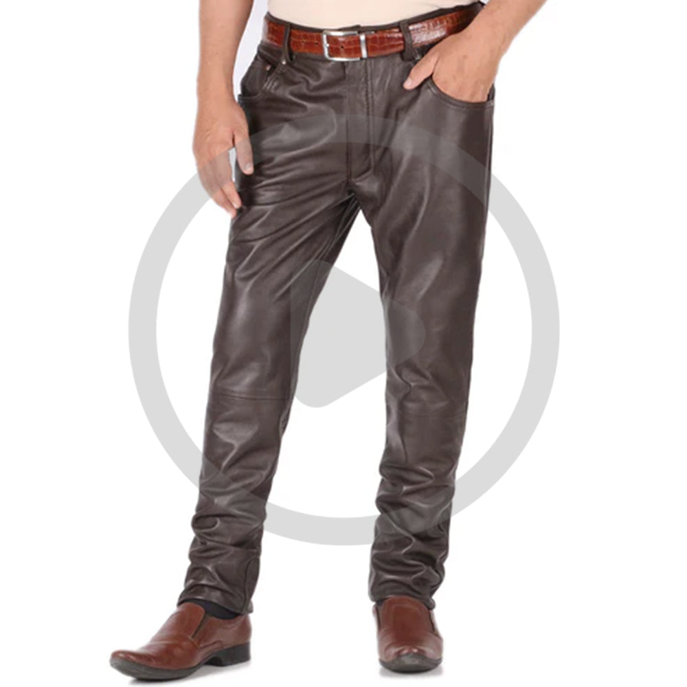 Thalor-Mens-Brown-Slim-Fit-Leather-Pants-Video