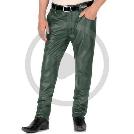 Green@Thalor-Mens-Green-Slim-Fit-Leather-Pants-Video