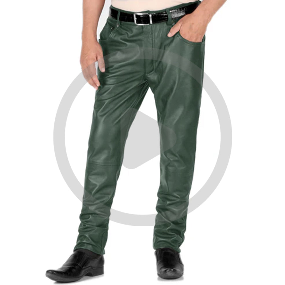 Green@Thalor-Mens-Green-Slim-Fit-Leather-Pants-Video