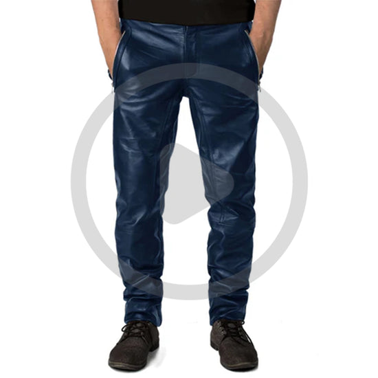 Navy Blue@Veyron-Mens-Blue-Slim-Fit-Leather-Pants-Video