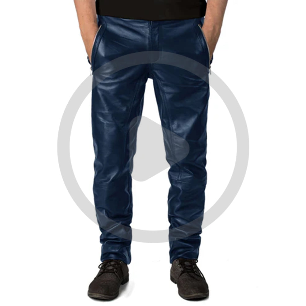 Navy Blue@Veyron-Mens-Blue-Slim-Fit-Leather-Pants-Video