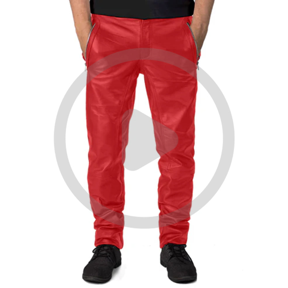 Red@Veyron-Mens-Red-Slim-Fit-Leather-Pants-Vdeo