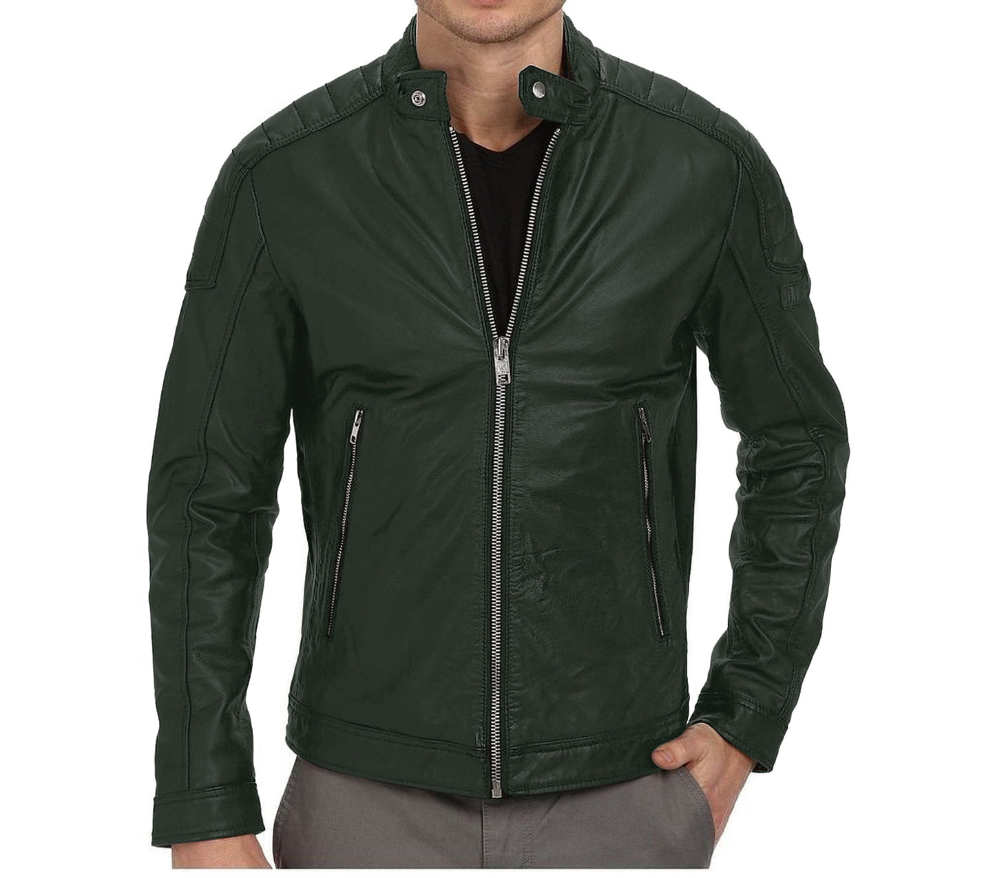 Leather Jackets Hub Mens Genuine Lambskin Leather Jacket (Black, Racer Jacket) - 1501026