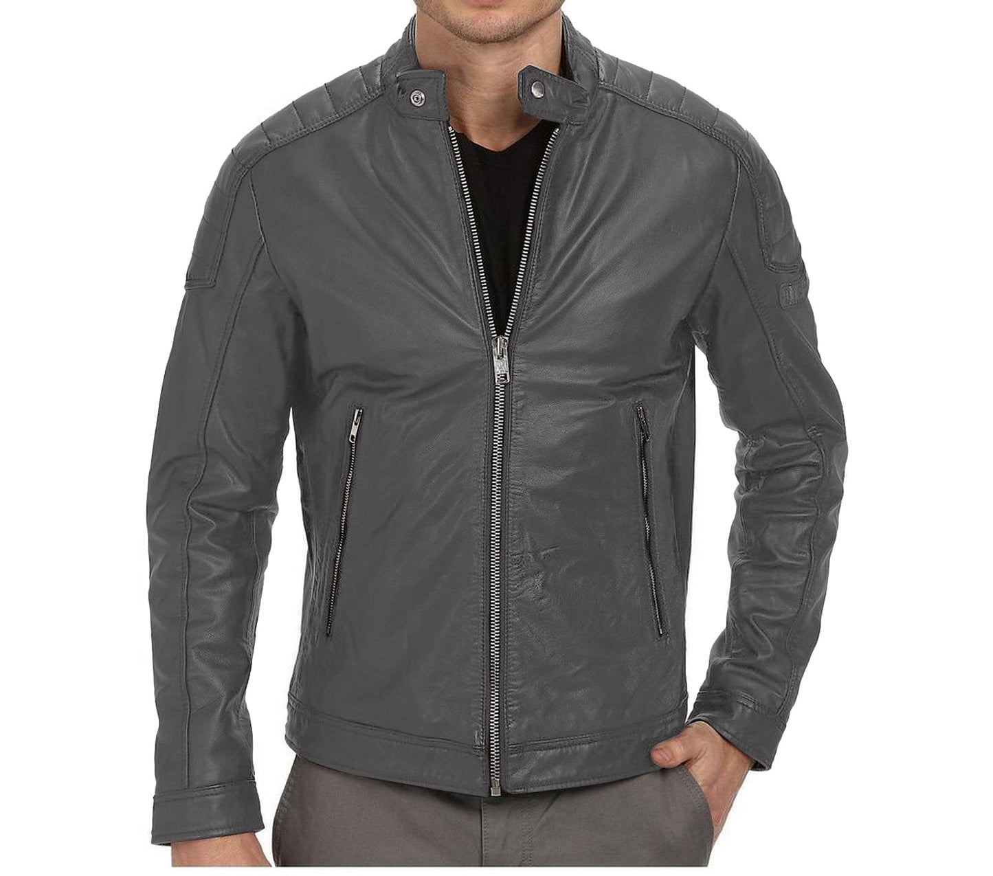 Leather Jackets Hub Mens Genuine Lambskin Leather Jacket (Black, Racer Jacket) - 1501026