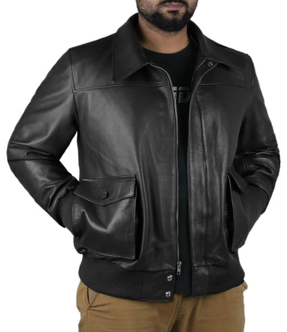 Leather Jackets Hub Mens Genuine Lambskin Leather Jacket (Black, Flight Jacket) - 1501066