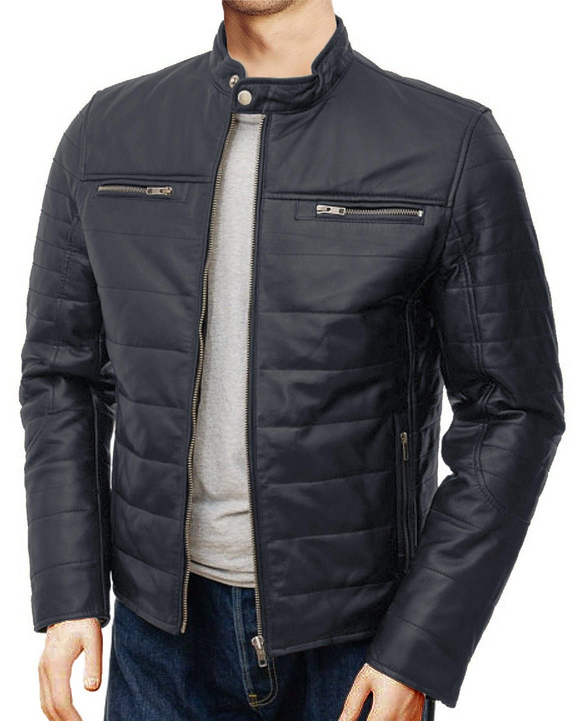 Leather Jackets Hub Mens Genuine Lambskin Leather Jacket (Black, Racer Jacket) - 1501139