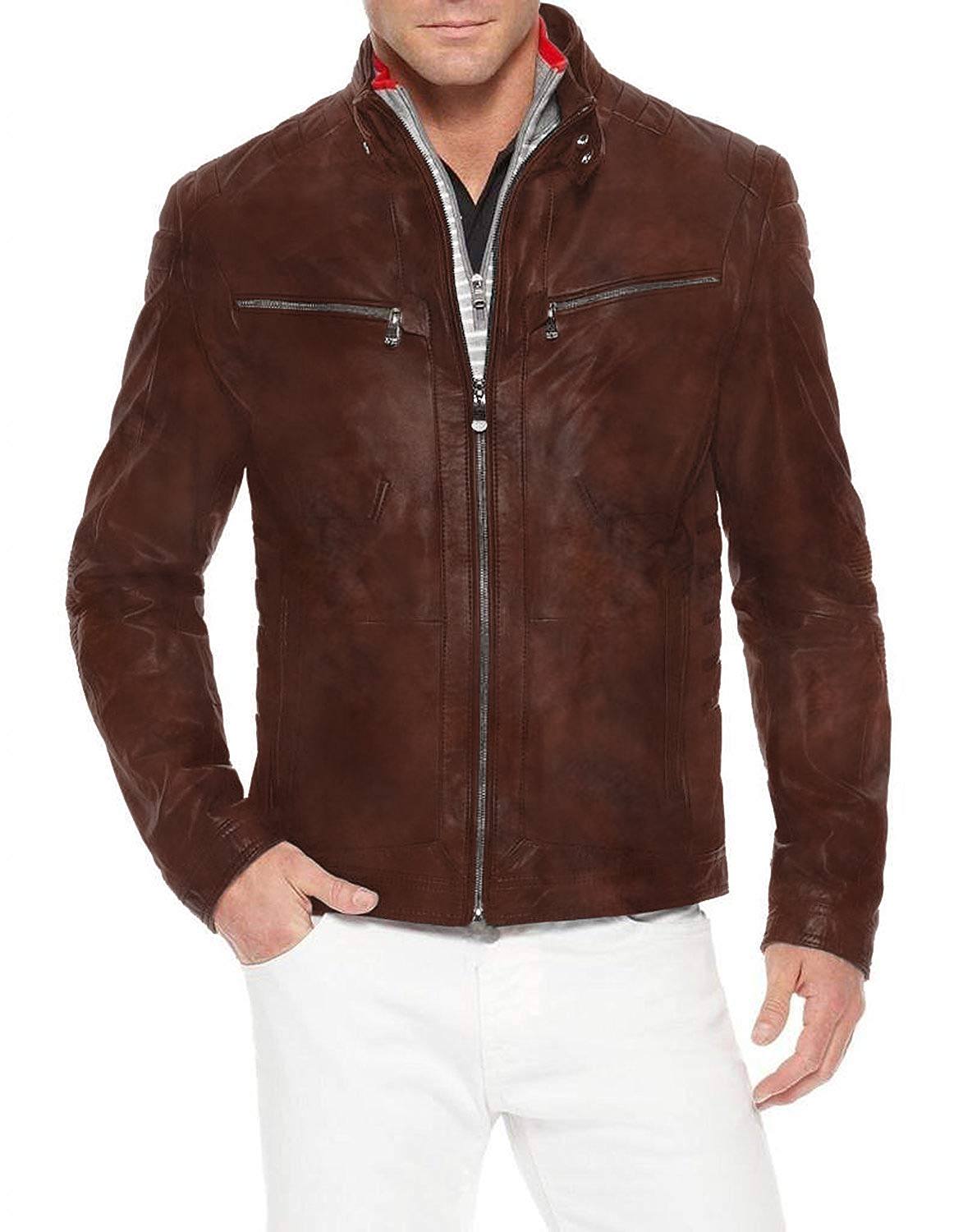 Leather Jackets Hub Mens Genuine Lambskin Leather Jacket (Black, Racer Jacket) - 1501156