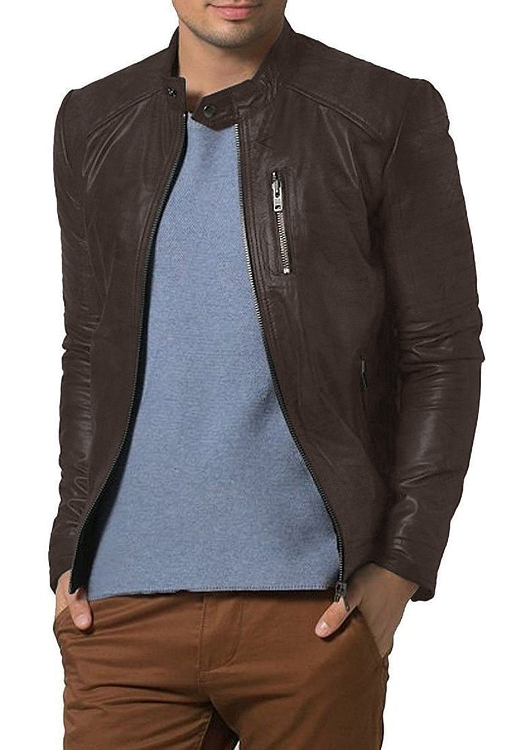 Leather Jackets Hub Mens Genuine Lambskin Leather Jacket (Black, Racer Jacket) - 1501193