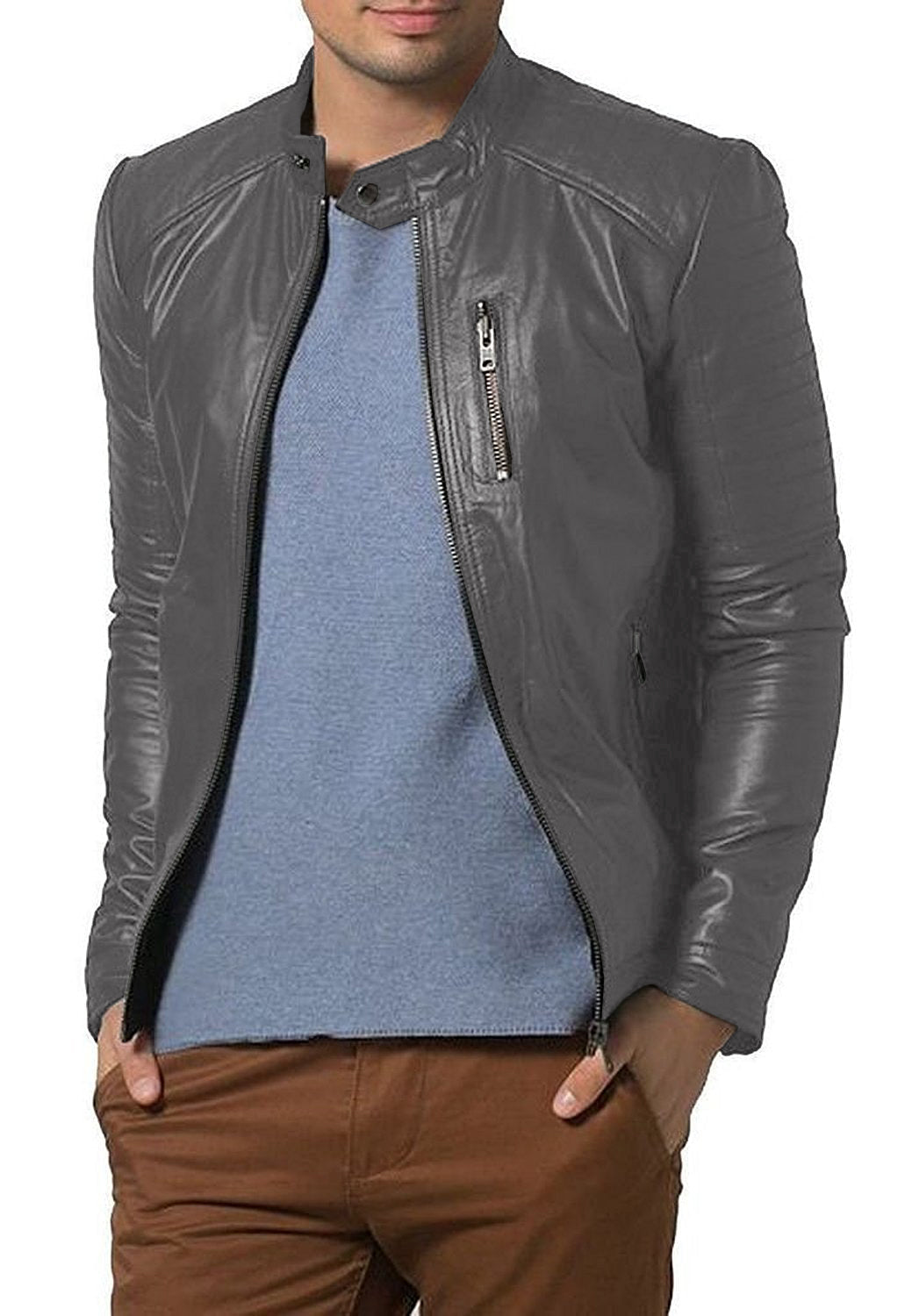 Leather Jackets Hub Mens Genuine Lambskin Leather Jacket (Black, Racer Jacket) - 1501193