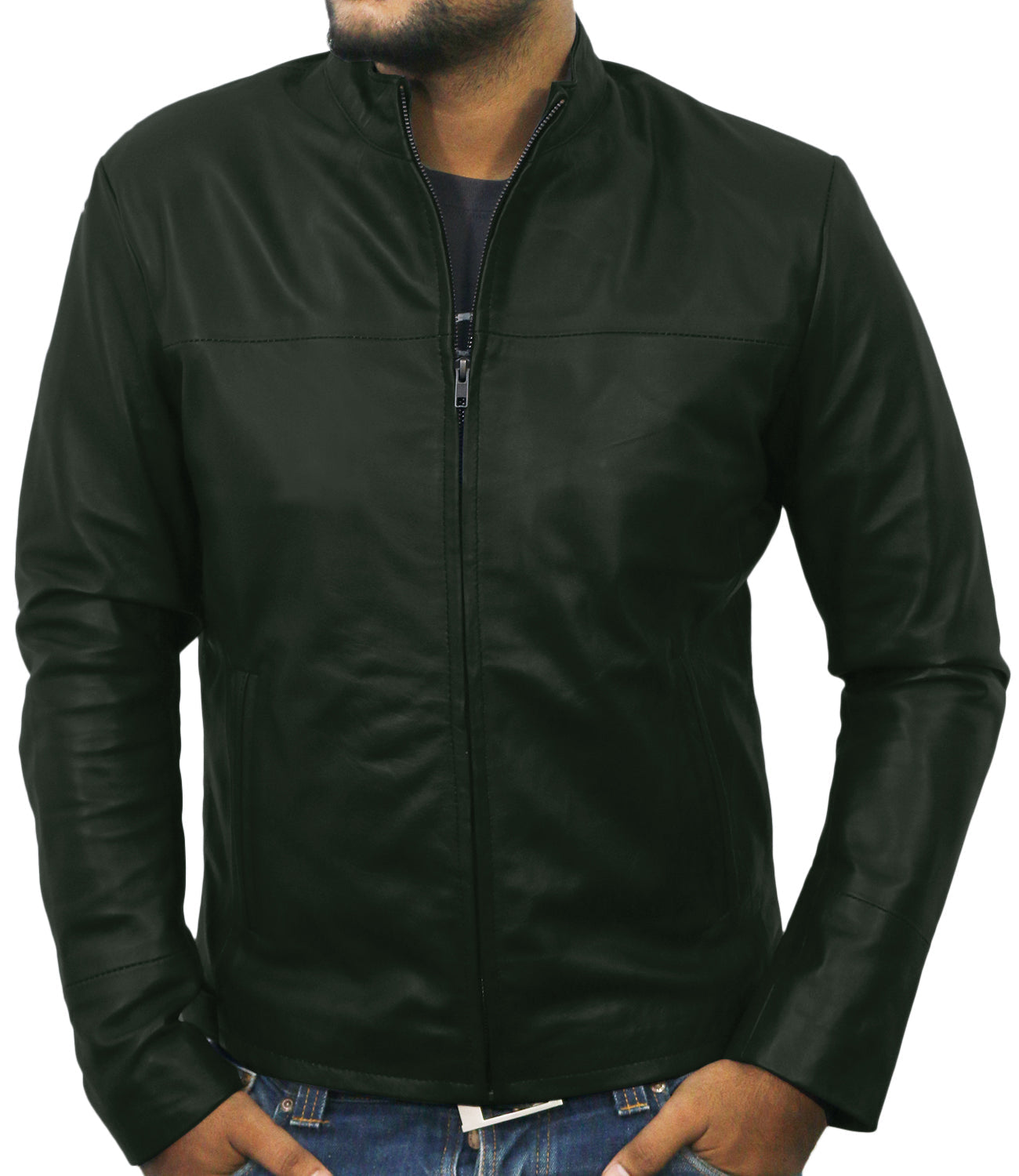 Leather Jackets Hub Mens Genuine Lambskin Leather Jacket (Black, Racer Jacket) - 1501212
