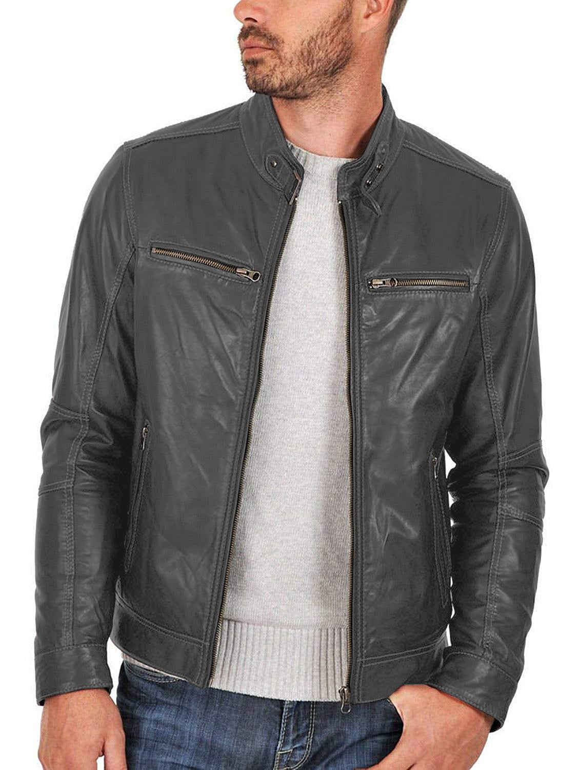 Leather Jackets Hub Mens Genuine Lambskin Leather Jacket (Black, Racer Jacket) - 1501254