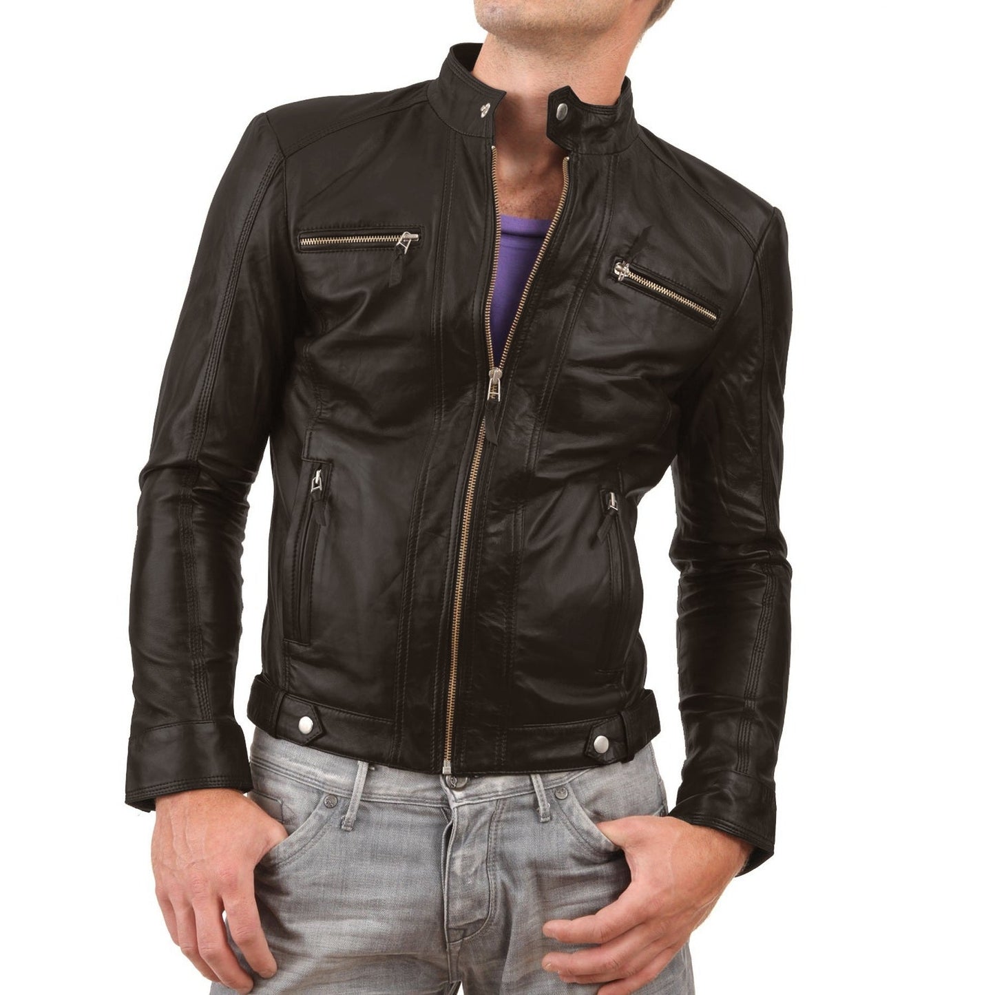 Leather Jackets Hub Mens Genuine Lambskin Leather Jacket (Black, Racer Jacket) - 1501275