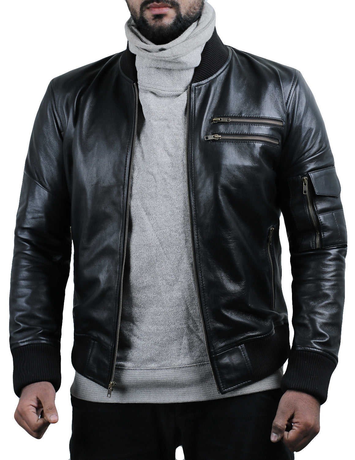 Leather Jackets Hub Mens Genuine Lambskin Leather Jacket (Black, Bomber Jacket) - 1501286