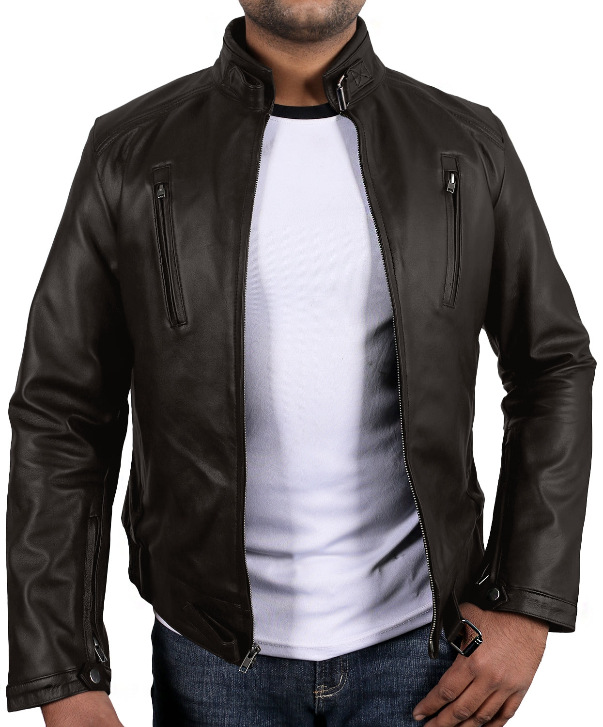 Leather Jackets Hub Mens Genuine Lambskin Leather Jacket (Black, Racer Jacket) - 1501314