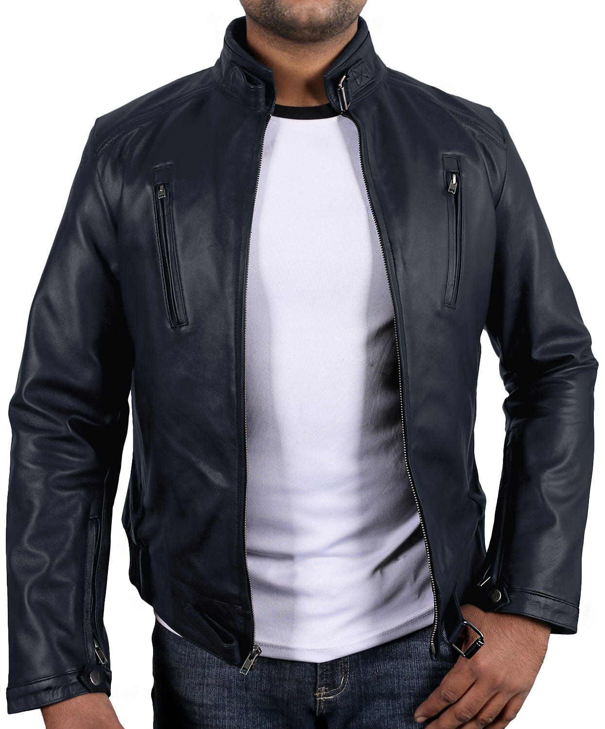 Leather Jackets Hub Mens Genuine Lambskin Leather Jacket (Black, Racer Jacket) - 1501314