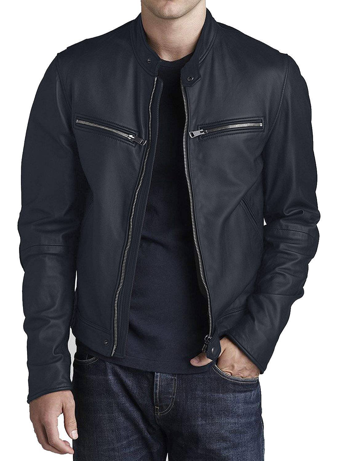 Leather Jackets Hub Mens Genuine Lambskin Leather Jacket (Black, Racer Jacket) - 1501316