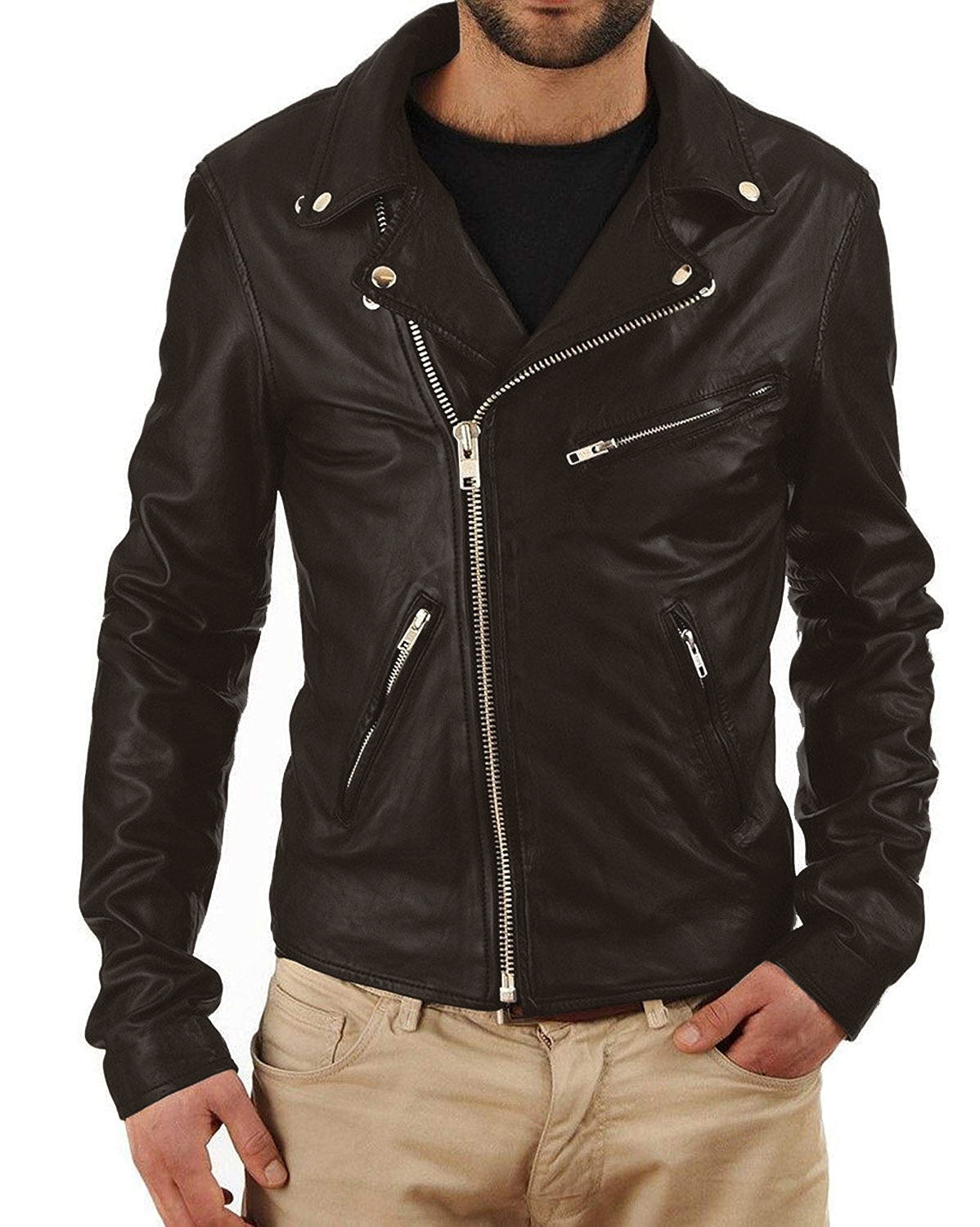 Leather Jackets Hub Mens Genuine Lambskin Leather Jacket (Black, Rocker Jacket) - 1501325