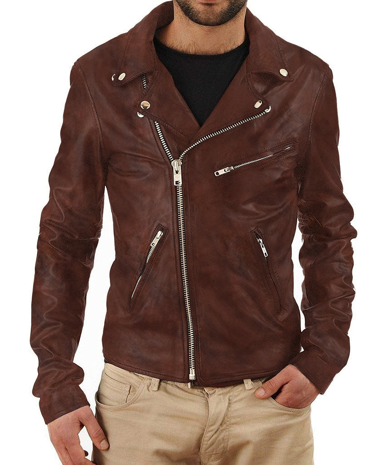 Leather Jackets Hub Mens Genuine Lambskin Leather Jacket (Black, Rocker Jacket) - 1501325