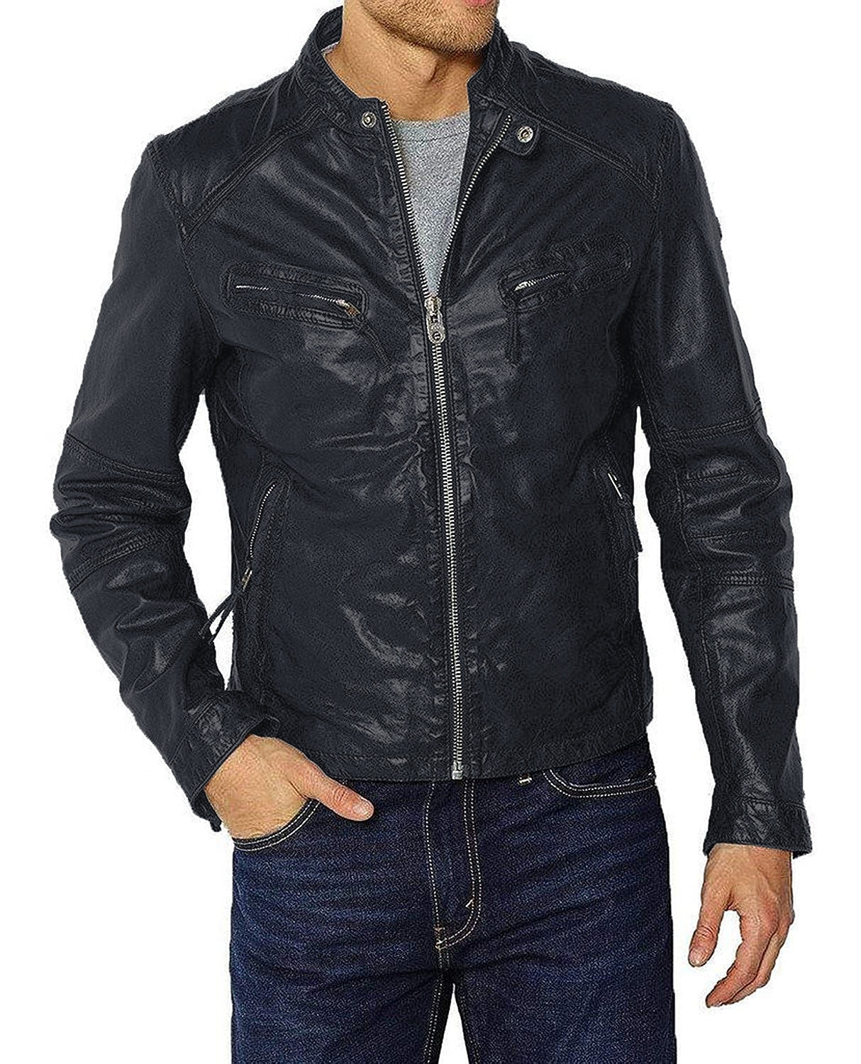 Leather Jackets Hub Mens Genuine Lambskin Leather Jacket (Black, Racer Jacket) - 1501328