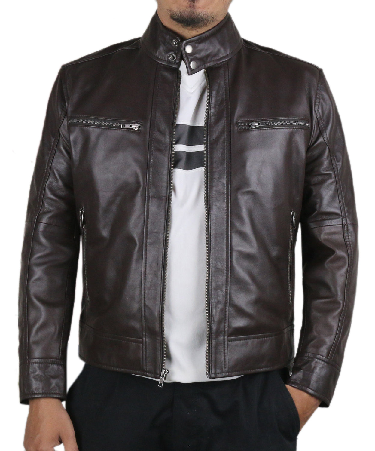 Leather Jackets Hub Mens Genuine Cowhide Leather Jacket (Black, Racer Jacket) - 1501500