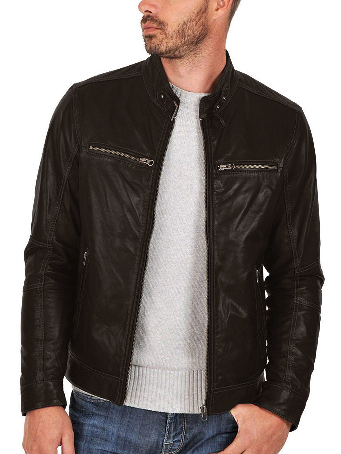 Leather Jackets Hub Mens Genuine Cowhide Leather Jacket (Black, Racer Jacket) - 1501631