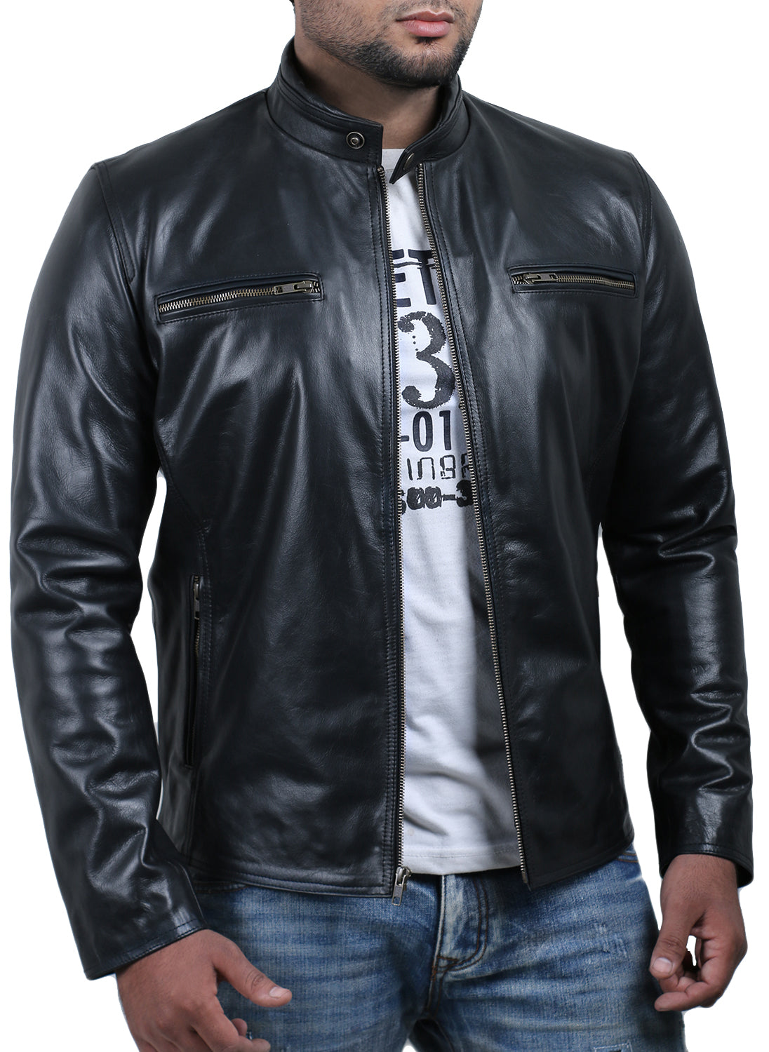 Leather Jackets Hub Mens Genuine Cowhide Leather Jacket (Black, Racer Jacket) - 1501638