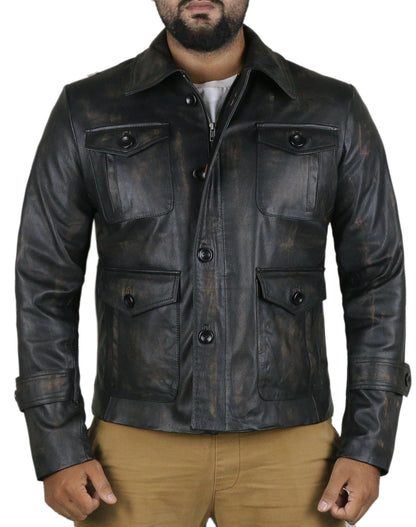 Leather Jackets Hub Men's Distressed Supernatural Season 7   Leather Jacket (Black-Rubboff, Field Jacket) - 1501767