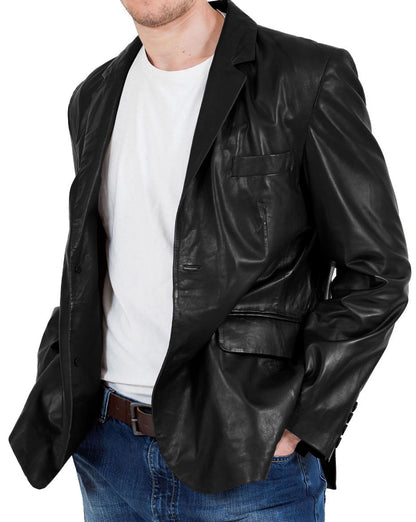  Leather Jackets Hub Mens Genuine Lambskin Leather Coat (Black, Blazer Jacket) - 1501830