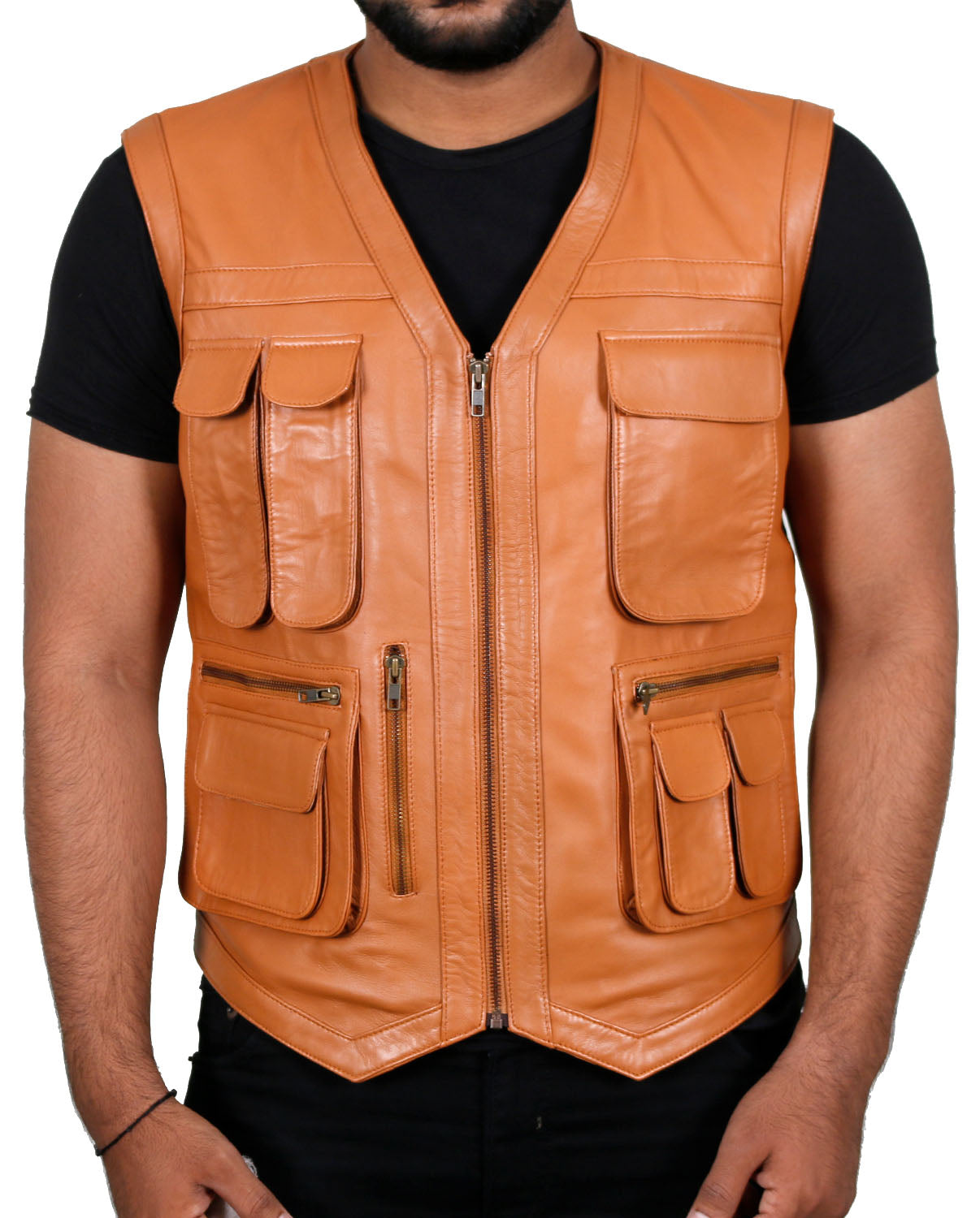 Leather Jackets Hub Mens Genuine Lambskin Leather Waist (Black, Biker Vest) - 1503849