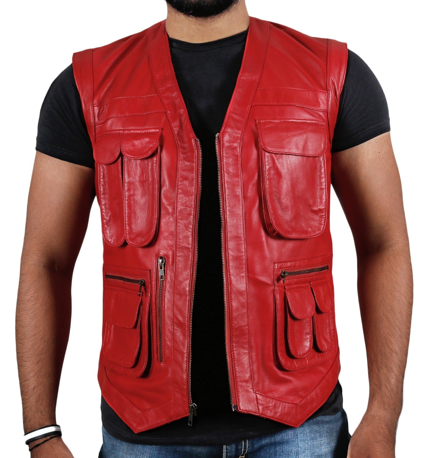 Leather Jackets Hub Mens Genuine Lambskin Leather Waist (Black, Biker Vest) - 1503849