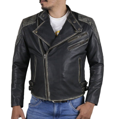 Leather Jackets Hub Mens Genuine Cow Ruboff Leather Jacket (Black-Rubboff, Double Rider Jacket) - 1701008