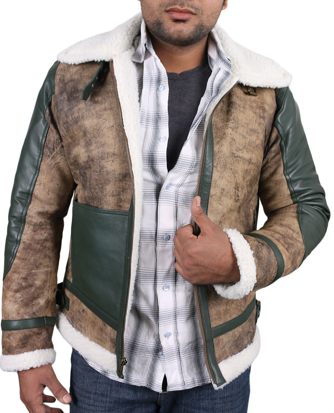 Leather Jackets Hub Mens Genuine Lambskin Leather Jacket (Lamb-Jungle-Green, Aviator Jacket) - 1701023