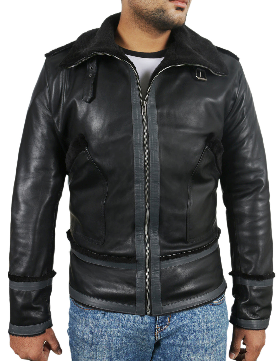 Leather Jackets Hub Mens Genuine Lambskin Leather Jacket (Black, Flight Jacket) - 1701027