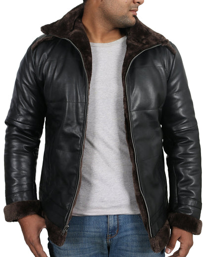 Leather Jackets Hub Mens Genuine Lambskin Leather Coat (Black, Shearling Coat) - 1702028