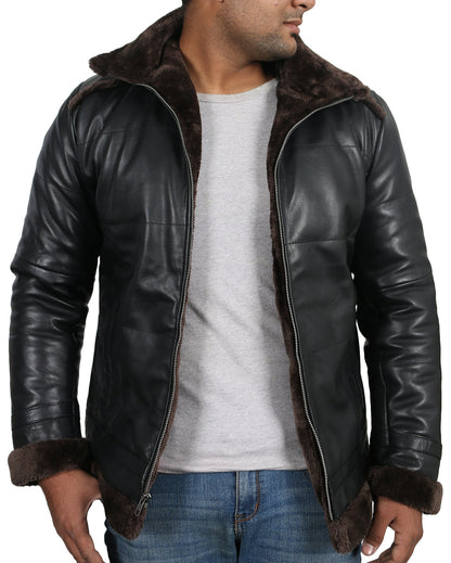  Leather Jackets Hub Mens Genuine Lambskin Leather Coat (Black, Shearling Coat) - 1702028