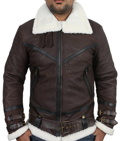 Leather Jackets Hub Mens Genuine Lambskin Leather Jacket (Choco-Snaff, Aviator Jacket) - 1701030