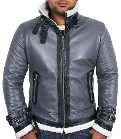 Leather Jackets Hub Mens Genuine Lambskin Leather Jacket (Gray, Shearling Jacket) - 1701031