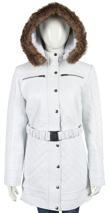  Leather Jackets Hub Womens Genuine Lambskin Leather Over Coat (White, Parka Coat) - 1722039