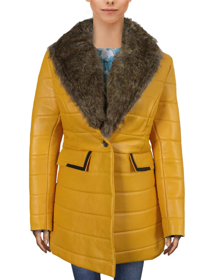  Leather Jackets Hub Womens Genuine Lambskin Leather Over Coat (Yellow, Shearling Coat) - 1722040