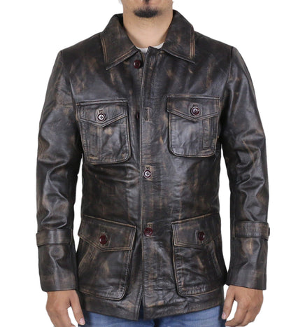  Leather Jackets Hub Mens Genuine Cow Ruboff Leather Coat (Black-Rubboff, Officer Coat) - 1702045