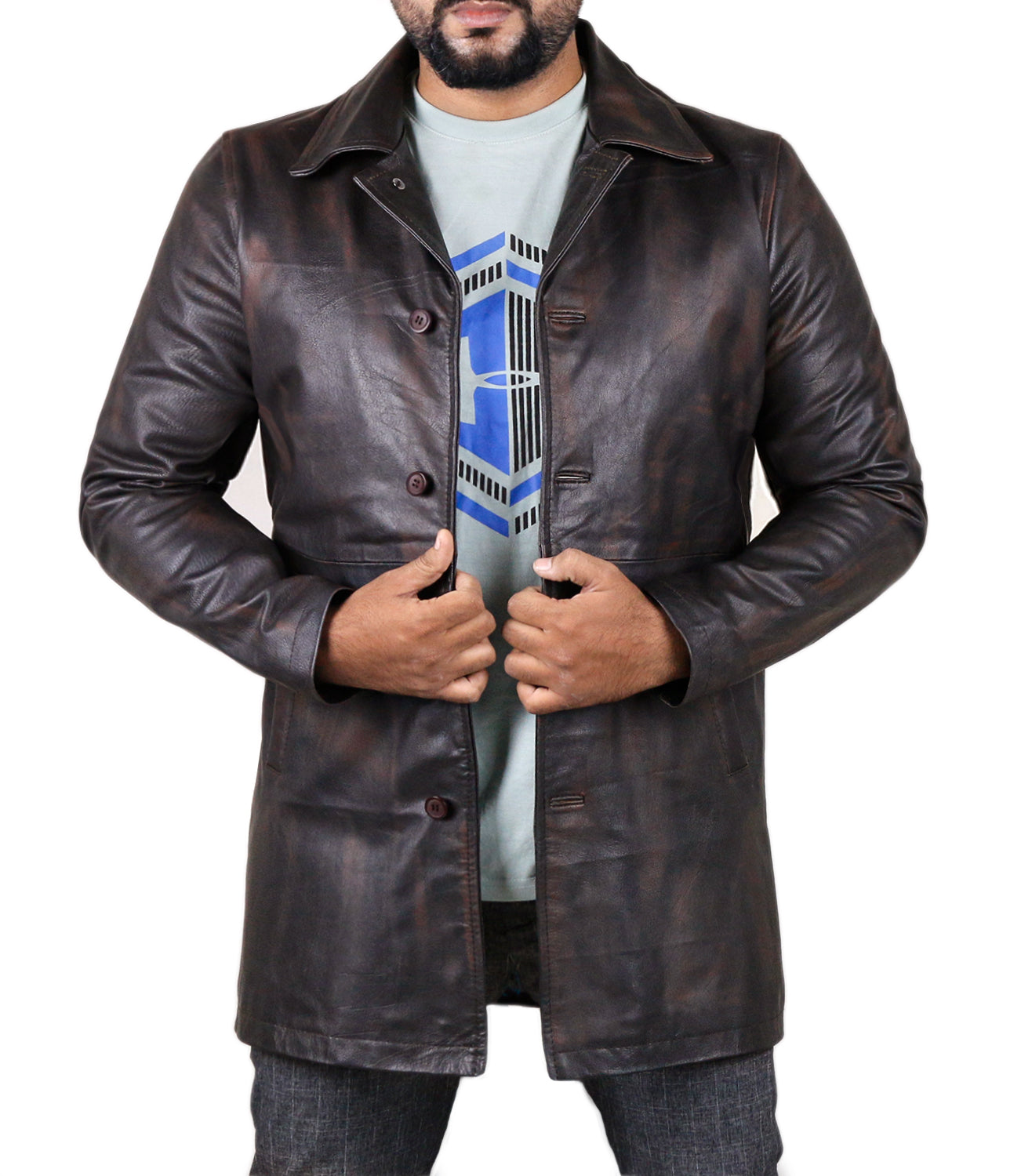 Leather Jackets Hub Mens Genuine Cow Ruboff Leather Over Coat (Black-Rubboff, Classic Coat) - 1702050