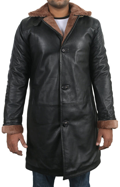  Leather Jackets Hub Mens Genuine Lambskin Leather Over Coat (Black, Shearling Coat) - 1702053